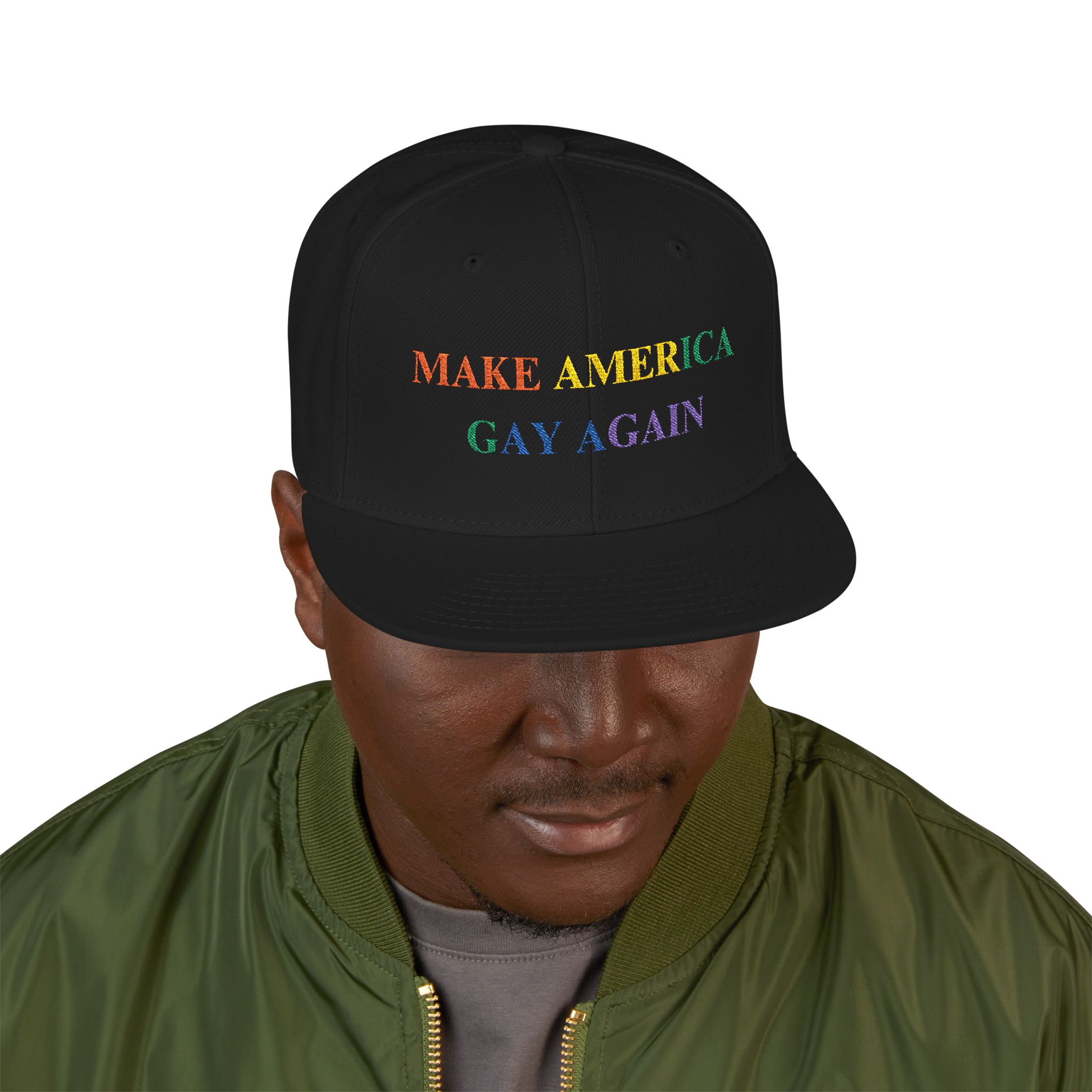 Embroidered Snapback Hat, Make America Gay Again Political Parody Cap, LGBT Pride Gift, LGBTQ+ Activist Headwear, Funny MAGA Spoof Beanie, - Image 3
